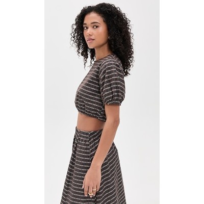 Cropped Puff sleeved Striped Keyhole backed Coordinated Relaxed fit Woman's Blouses
