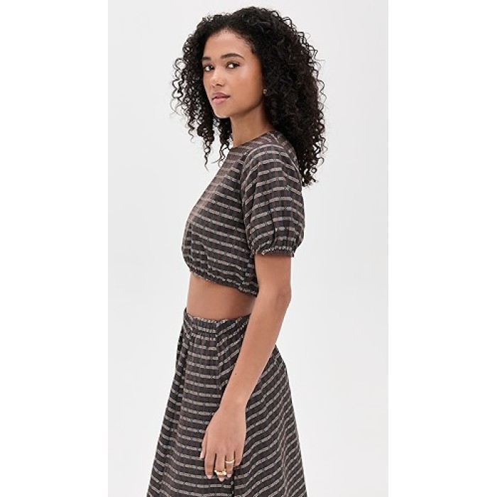Cropped Puff sleeved Striped Keyhole backed Coordinated Relaxed fit Woman's Blouses