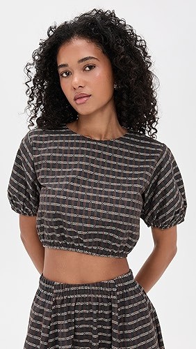 Cropped Puff sleeved Striped Keyhole backed Coordinated Relaxed fit Woman's Blouses