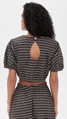 Cropped Puff sleeved Striped Keyhole backed Coordinated Relaxed fit Woman's Blouses