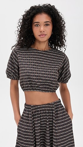 Cropped Puff sleeved Striped Keyhole backed Coordinated Relaxed fit Woman's Blouses