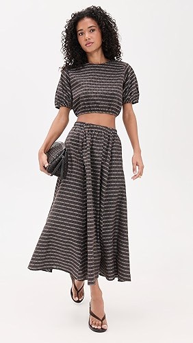 Cropped Puff sleeved Striped Keyhole backed Coordinated Relaxed fit Woman's Blouses