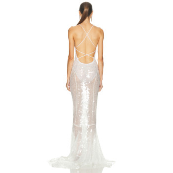 Glitter Sequin Shining Eye catching Open back Sleeveless See through Sexy Woman's Long Dress