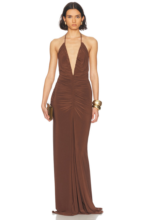 Halter Deep V neckline Open back Woman's Maxi Dress