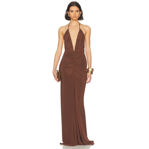 Halter Deep V neckline Open back Woman's Maxi Dress