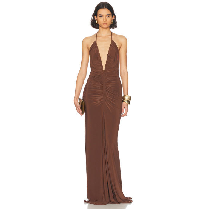 Halter Deep V neckline Open back Woman's Maxi Dress