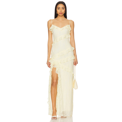 Charming Asymmetric ruffle pattern Spaghetti straps High quality Woman's Long Dress