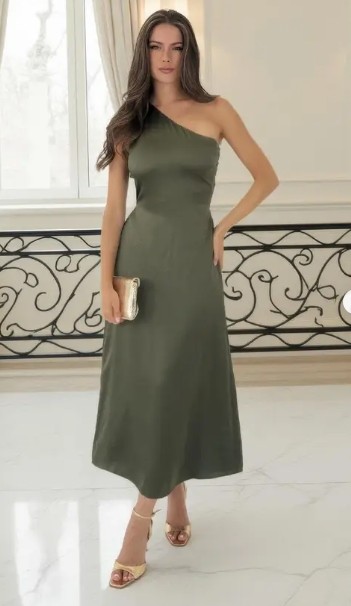 Luxurious Elegant Eye catching One shoulder Sleek Fashionable Woman's Midi Dress