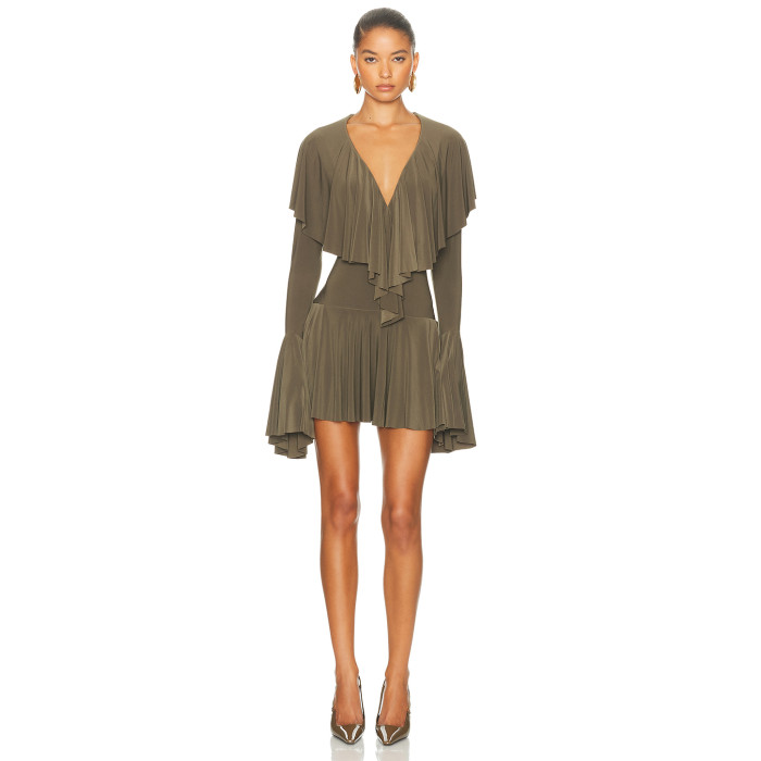 Deep V neckline Long sleeves Form fitting Draping Eye catching Romantic Woman's Mini Dress