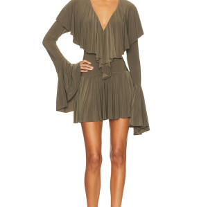 Deep V neckline Long sleeves Form fitting Draping Eye catching Romantic Woman's Mini Dress