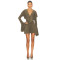 Deep V neckline Long sleeves Form fitting Draping Eye catching Romantic Woman's Mini Dress