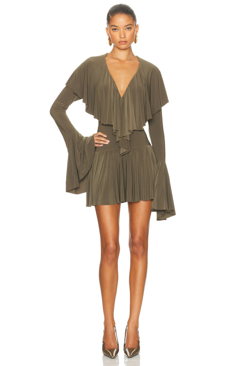 Deep V neckline Long sleeves Form fitting Draping Eye catching Romantic Woman's Mini Dress