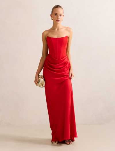 Vivid Sophisticated Fluid Draped Structured Sleek Timeless Woman's Off shoulder Dress