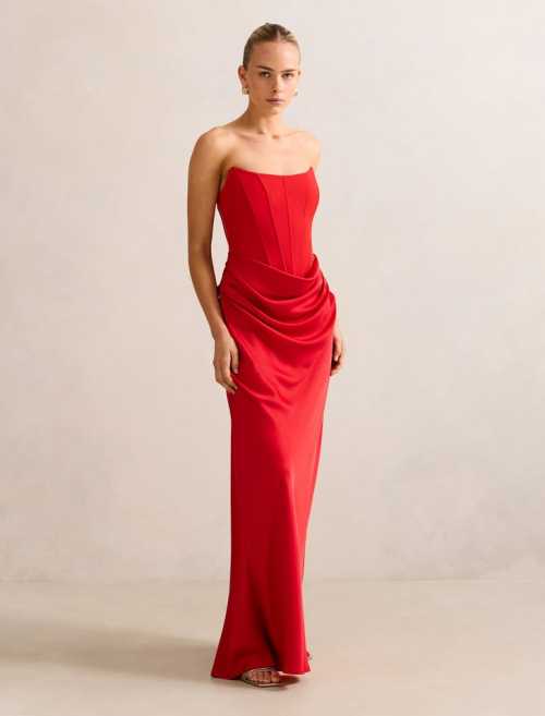 Vivid Sophisticated Fluid Draped Structured Sleek Timeless Woman's Off shoulder Dress