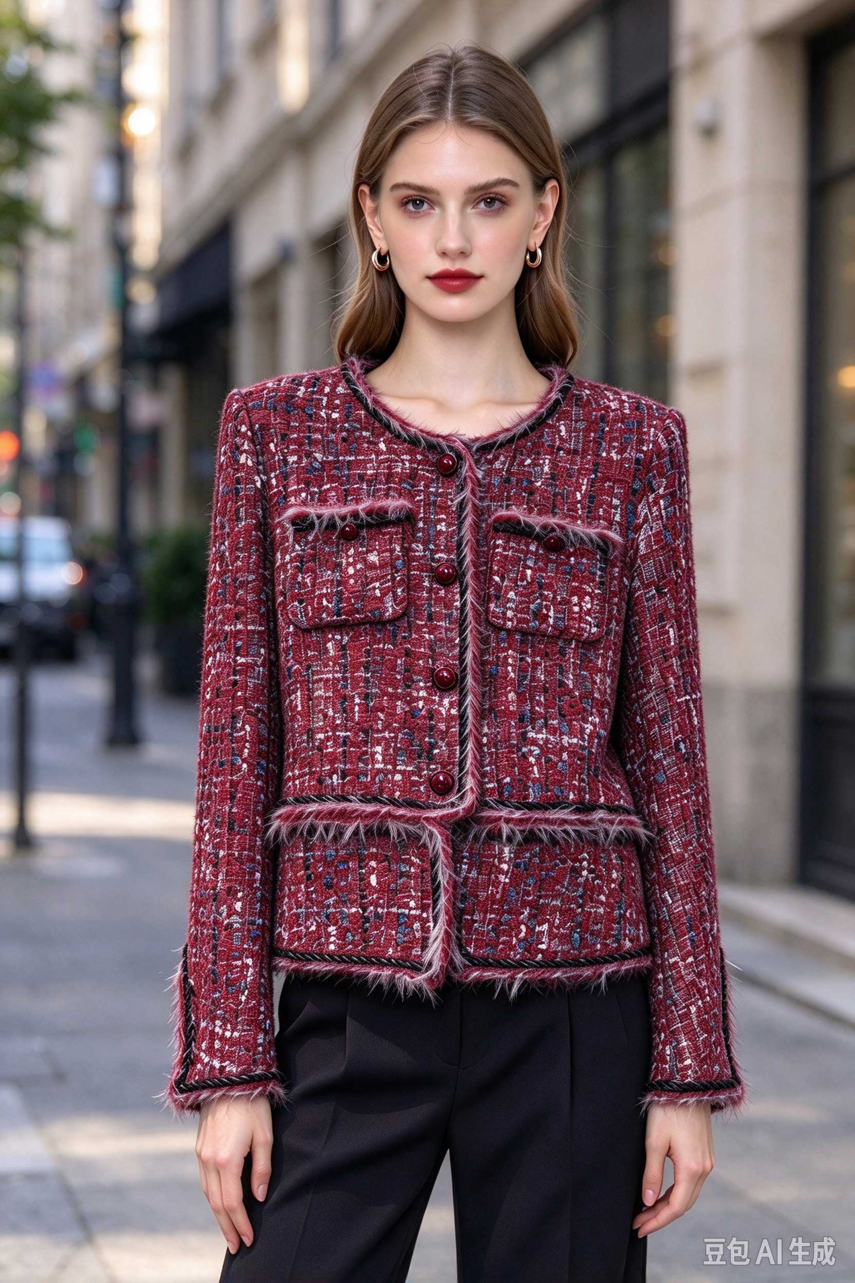 Red multi-tone frayed-edge tweed jacket