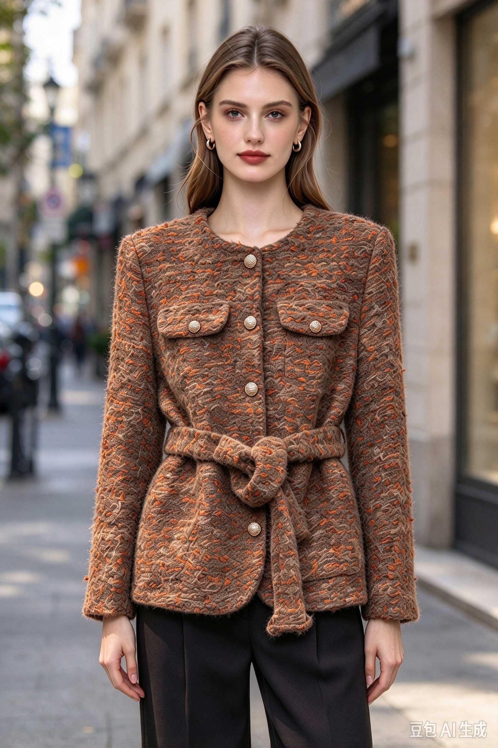 Brown heathered tweed belted waist jacket