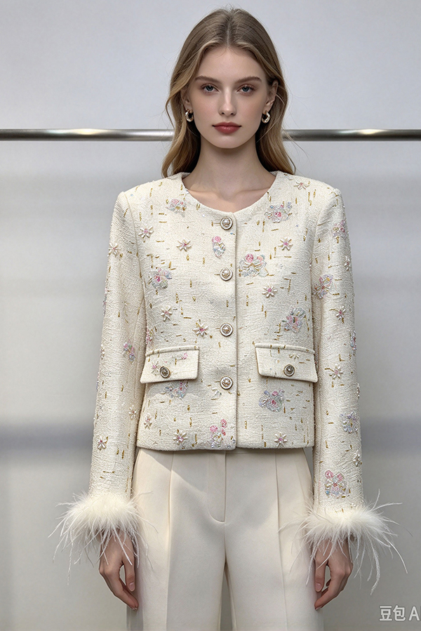 Cream Tweed Jacket with Floral Embroidery & Feather Cuffs