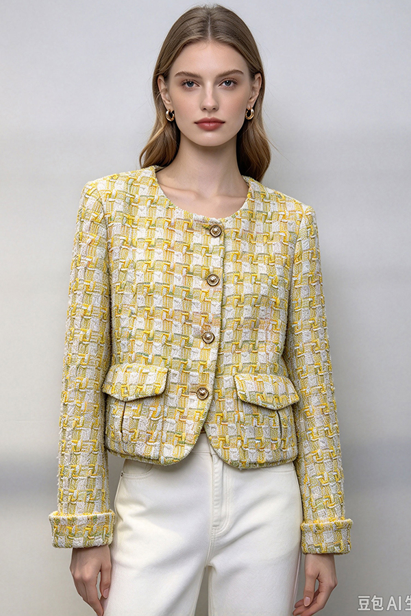 Yellow-Green Jacquard Tweed Round Neck Jacket