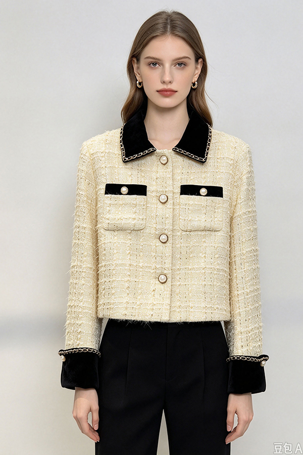 Cream Tweed Jacket with Black Velvet Collar & Chain Trim