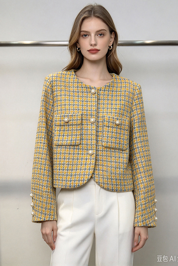 Yellow-Blue Check Tweed Cropped Jacket with Pearl Buttons