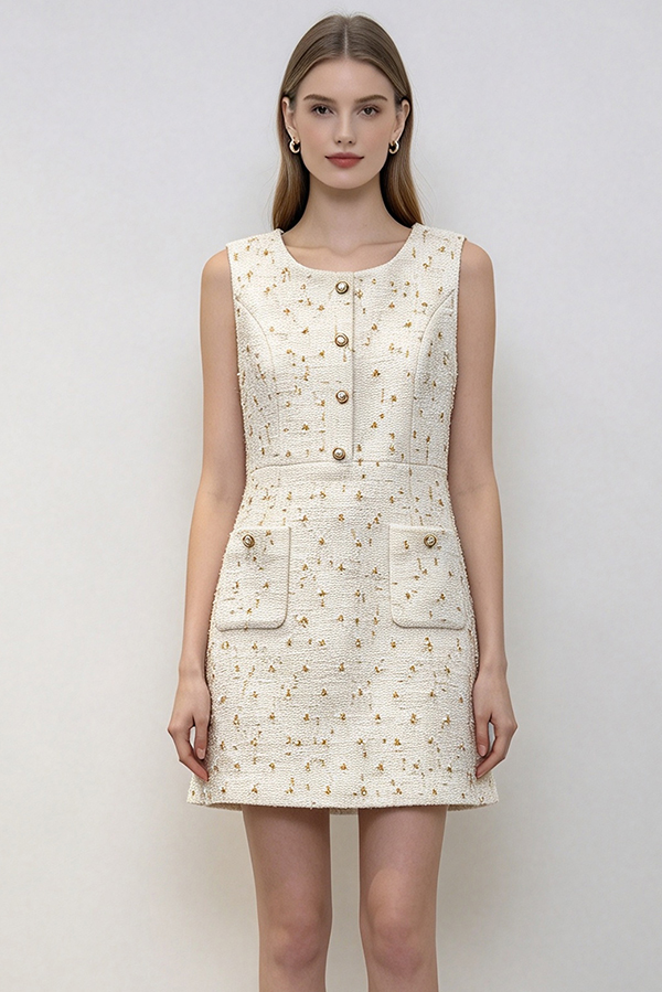 Cream Sleeveless Tweed Mini Dress with Gold Buttons