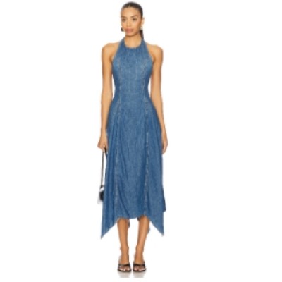 Casual Stylish Open back Denim Fabric Handkerchief Raw Hem Halter Neck Midi Dress