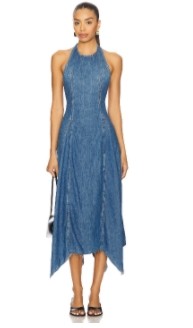 Casual Stylish Open back Denim Fabric Handkerchief Raw Hem Halter Neck Midi Dress