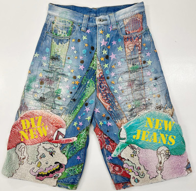 Pantalones cortos de mezclilla de peso pesado con bragueta con cremallera y bordado de chenilla personalizados de DiZNEW