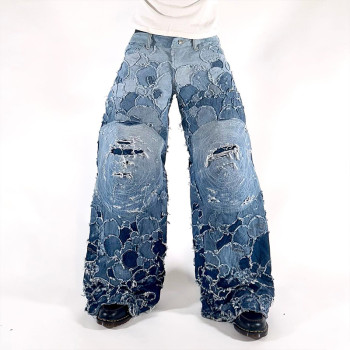 Custom Logo OEM ODM Jeans men washed streetwear | patchwork Jeans factory