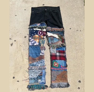 DiZNEW Wholesale Vintage Jacqaurd Tapestry Patches Denim Patchwork | Custom Men Jeans Factory