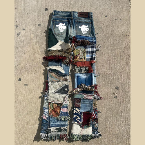 DiZNEW Wholesale Vintage Jacqaurd Tapestry Patches Denim Patchwork | Custom Men Jeans Factory