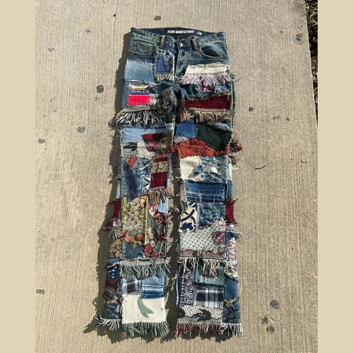 DiZNEW Wholesale Vintage Jacqaurd Tapestry Patches Denim Patchwork | Custom Men Jeans Factory