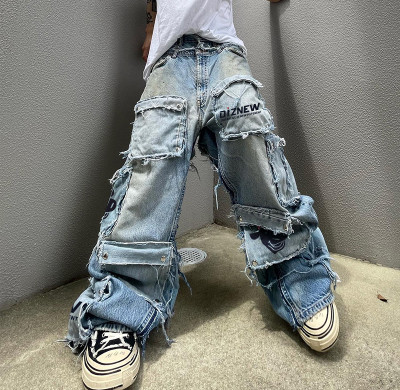 DiZNEW Custom Wide Leg Jeans Double Waist Distressed Denim Pants Streetwear | Cargo Jeans Manufacturer