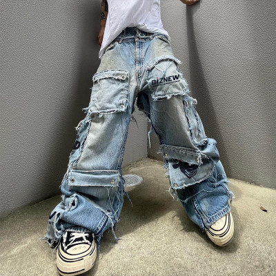 Custom Wide Leg Jeans Double Waist Distressed Denim Pants Streetwear | DiZNEW