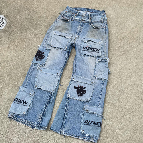 Jean large personnalisé DiZNEW Pantalon en denim vieilli à double taille pour streetwear | Fabricant de jeans cargo