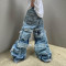 Custom Wide Leg Jeans Double Waist Distressed Denim Pants Streetwear | DiZNEW