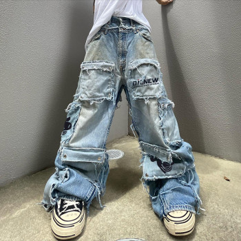 Custom Wide Leg Jeans Double Waist Distressed Denim Pants Streetwear | DiZNEW