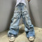 Custom Wide Leg Jeans Double Waist Distressed Denim Pants Streetwear | DiZNEW