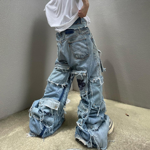 Jean large personnalisé DiZNEW Pantalon en denim vieilli à double taille pour streetwear | Fabricant de jeans cargo