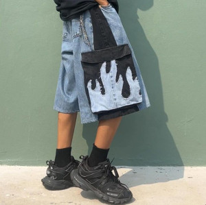 Custom Denim wash blue and Black Patchwork cargo shorts | men's Jorts manufacturer