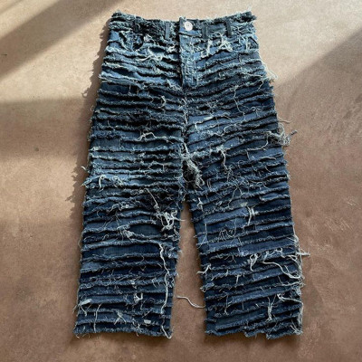 Custom streetwear baggy ripped distressed baggy double layer waist denim jeans for men