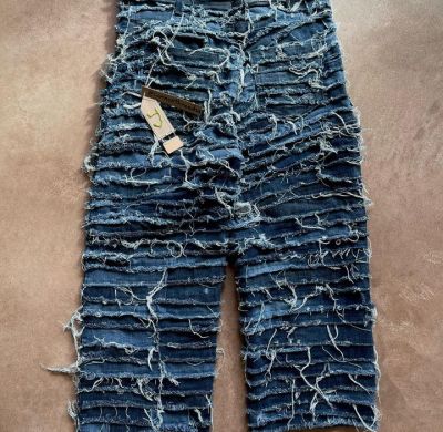 Custom streetwear baggy ripped distressed baggy double layer waist denim jeans for men
