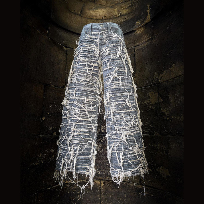 DiZNEW Professional Custom Double-Layer Distressed Jeans - Punk Style Unique Design & High-Quality Handcrafted Denim