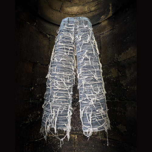 DiZNEW Professionelle, individuelle, doppellagige Distressed-Jeans – Einzigartiges Design im Punk-Stil und hochwertiger, handgefertigter Denim