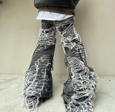 Custom Distressed Designer Denim Jeans Grey flare pants | DiZNEW