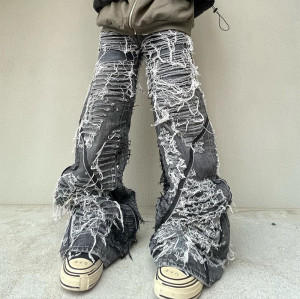Custom Distressed Designer Denim Jeans Grey flare pants | DiZNEW
