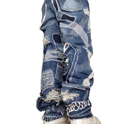 DiZNEW Großhandel Custom Patchwork Distressed Denim Jeans | Hochwertiger Jeanshersteller