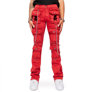 Jeans desgastados cargo rojos personalizados DiZNEW | Proveedores mayoristas de moda vaquera