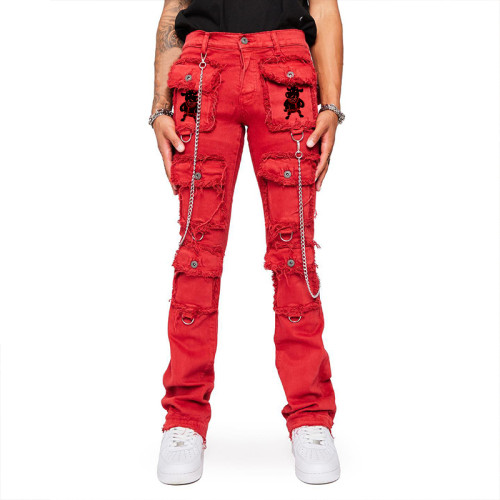 Jeans desgastados cargo rojos personalizados DiZNEW | Proveedores mayoristas de moda vaquera