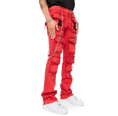 Custom Red Cargo Distressed Jeans | Wholesale Denim Fashion Suppliers DiZNEW